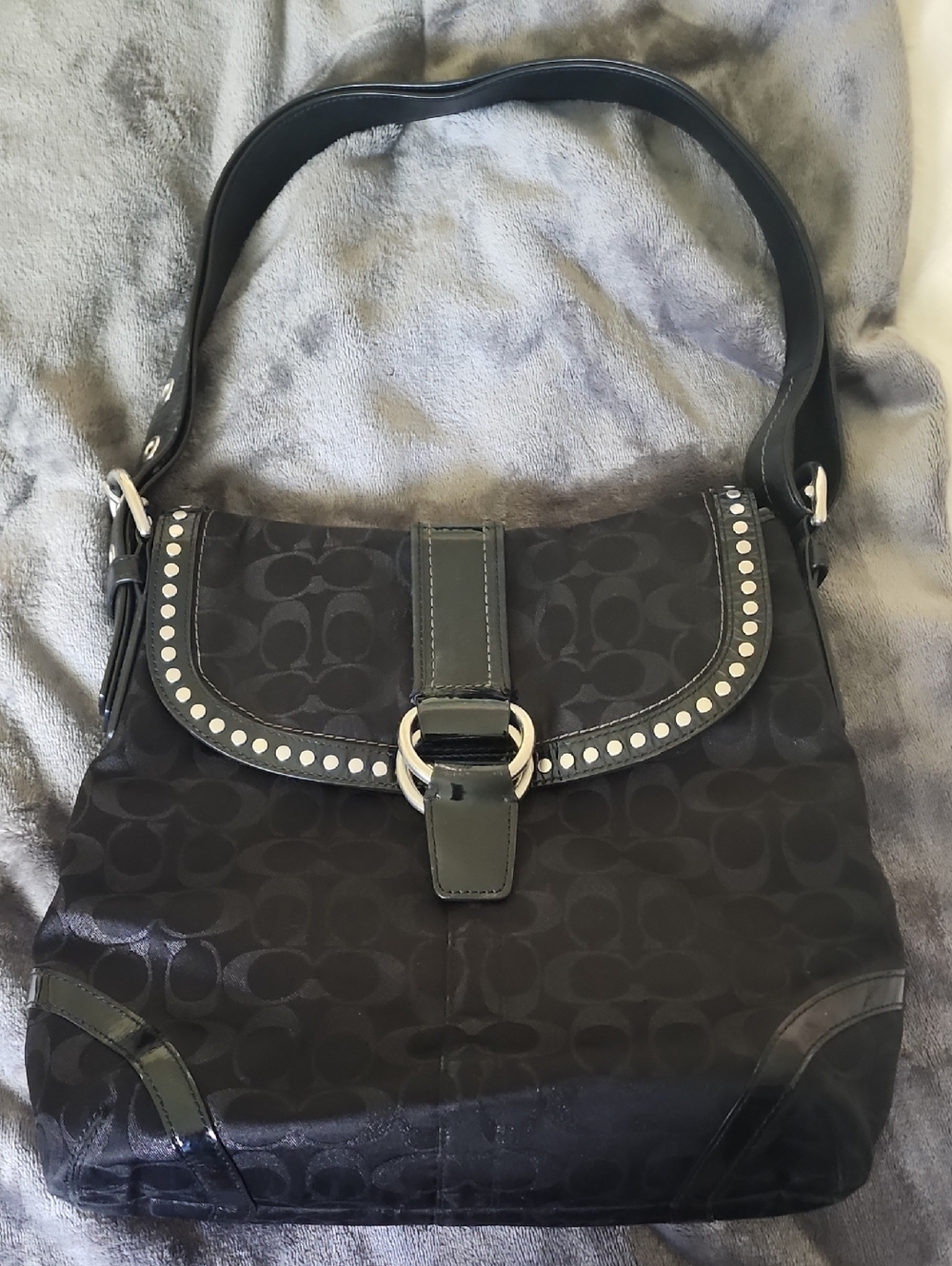 Coach Black Signature Canvas Shoulder Bag with Silver Studs